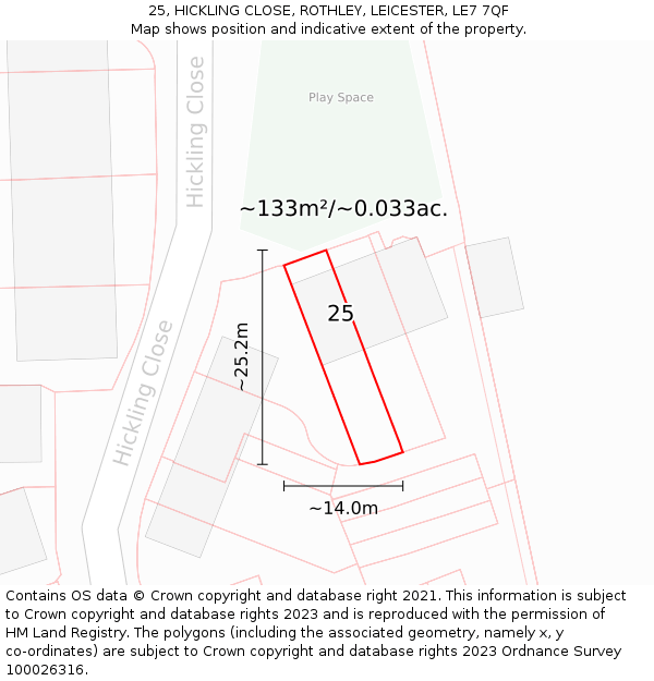 25, HICKLING CLOSE, ROTHLEY, LEICESTER, LE7 7QF: Plot and title map