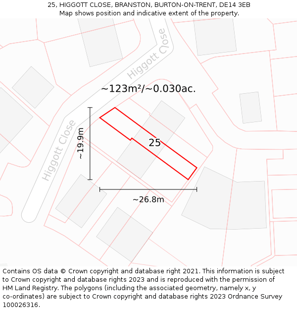 25, HIGGOTT CLOSE, BRANSTON, BURTON-ON-TRENT, DE14 3EB: Plot and title map
