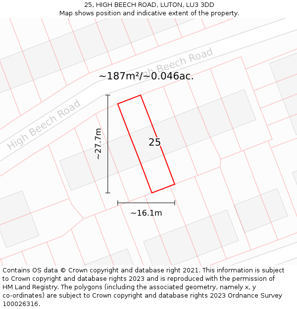 25, HIGH BEECH ROAD, LUTON, LU3 3DD: Plot and title map