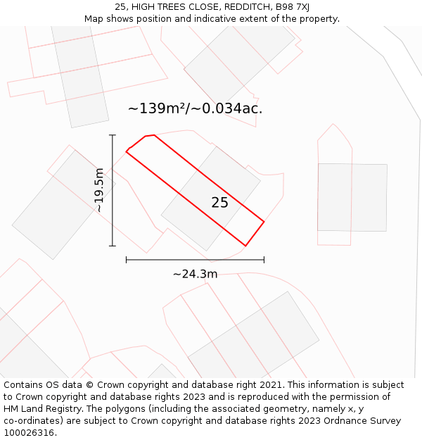 25, HIGH TREES CLOSE, REDDITCH, B98 7XJ: Plot and title map