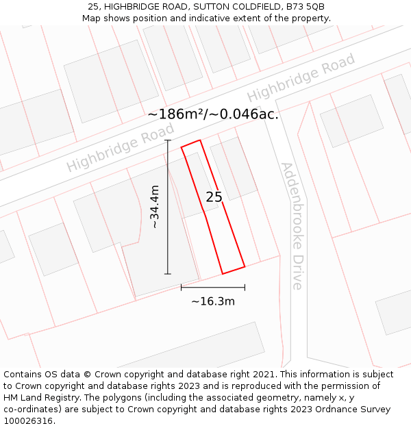 25, HIGHBRIDGE ROAD, SUTTON COLDFIELD, B73 5QB: Plot and title map