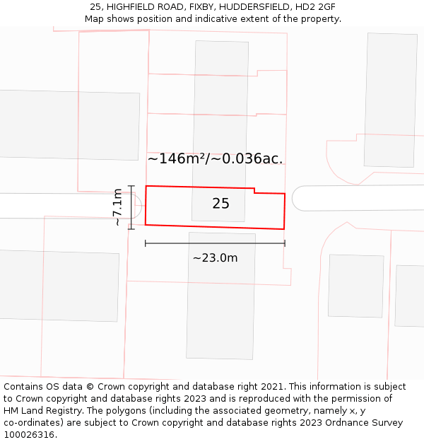 25, HIGHFIELD ROAD, FIXBY, HUDDERSFIELD, HD2 2GF: Plot and title map