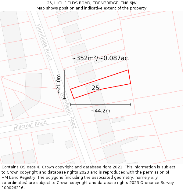 25, HIGHFIELDS ROAD, EDENBRIDGE, TN8 6JW: Plot and title map