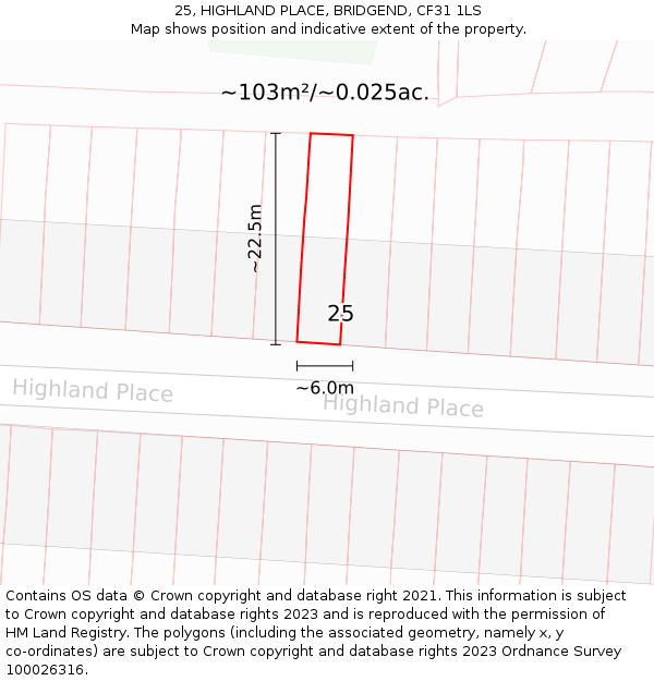 25, HIGHLAND PLACE, BRIDGEND, CF31 1LS: Plot and title map