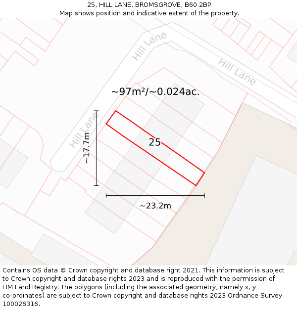 25, HILL LANE, BROMSGROVE, B60 2BP: Plot and title map