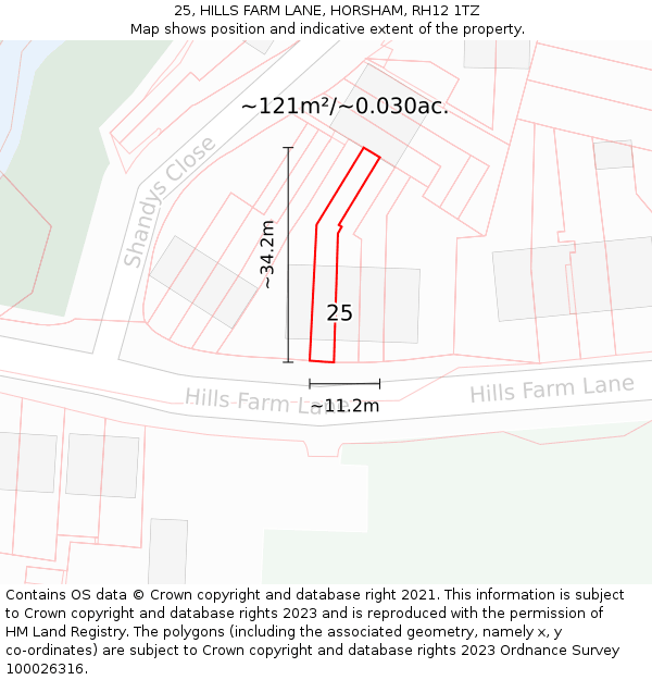 25, HILLS FARM LANE, HORSHAM, RH12 1TZ: Plot and title map