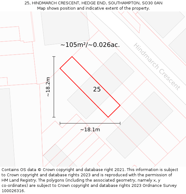 25, HINDMARCH CRESCENT, HEDGE END, SOUTHAMPTON, SO30 0AN: Plot and title map