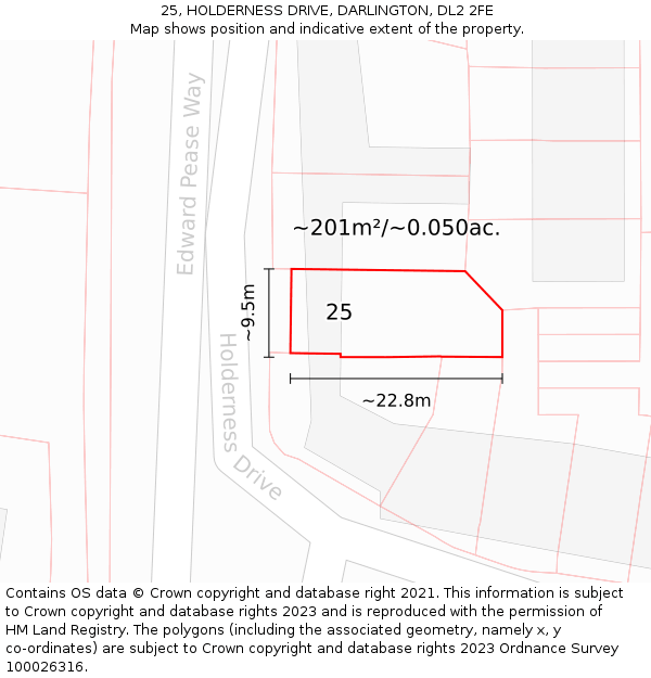 25, HOLDERNESS DRIVE, DARLINGTON, DL2 2FE: Plot and title map