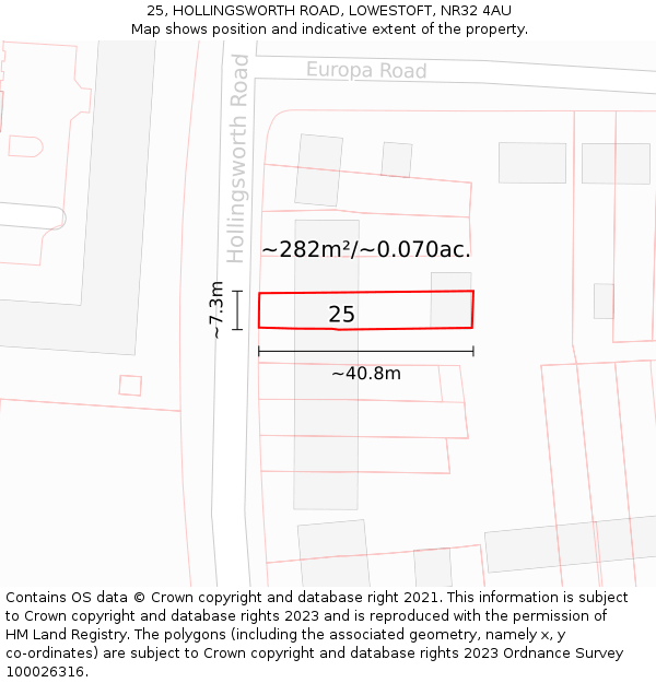 25, HOLLINGSWORTH ROAD, LOWESTOFT, NR32 4AU: Plot and title map