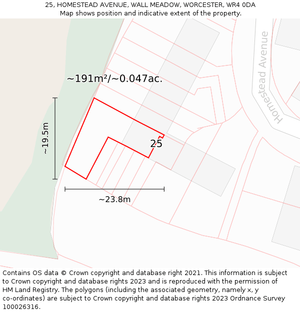 25, HOMESTEAD AVENUE, WALL MEADOW, WORCESTER, WR4 0DA: Plot and title map