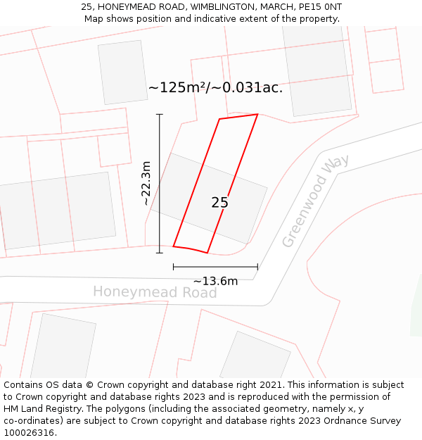 25, HONEYMEAD ROAD, WIMBLINGTON, MARCH, PE15 0NT: Plot and title map