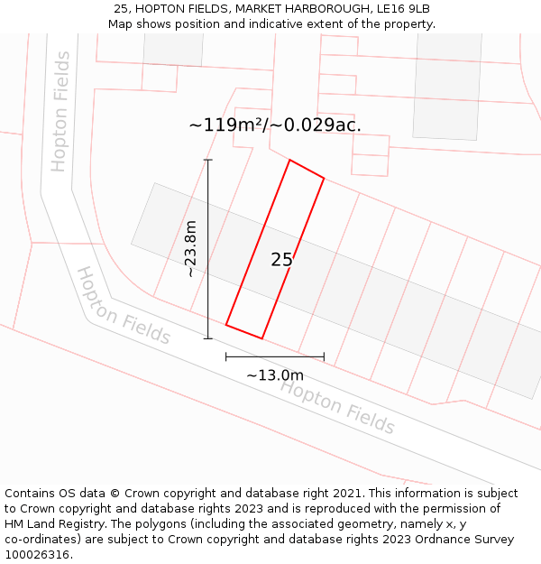 25, HOPTON FIELDS, MARKET HARBOROUGH, LE16 9LB: Plot and title map