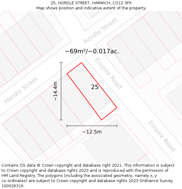 25, HORDLE STREET, HARWICH, CO12 3PX: Plot and title map