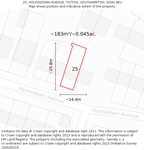 25, HOUNSDOWN AVENUE, TOTTON, SOUTHAMPTON, SO40 9EU: Plot and title map