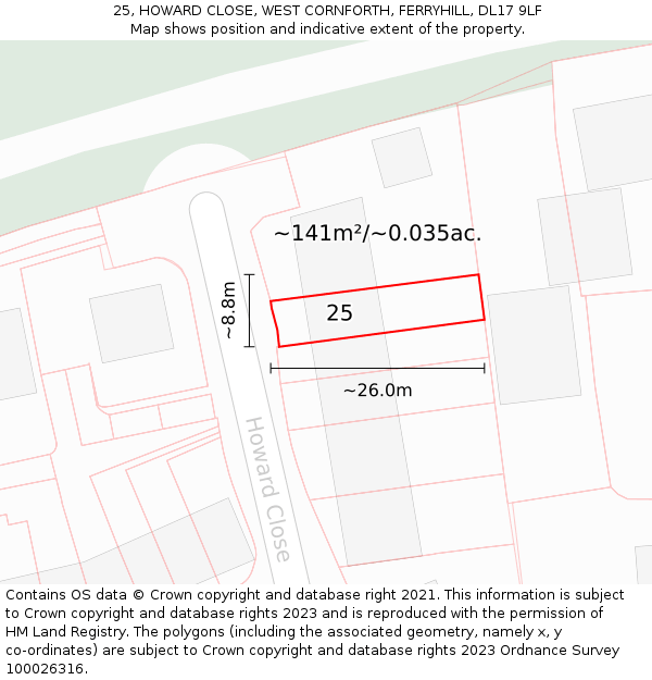 25, HOWARD CLOSE, WEST CORNFORTH, FERRYHILL, DL17 9LF: Plot and title map