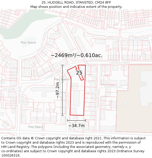 25, HUDGELL ROAD, STANSTED, CM24 8FP: Plot and title map