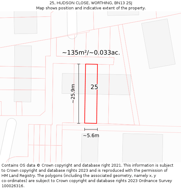 25, HUDSON CLOSE, WORTHING, BN13 2SJ: Plot and title map