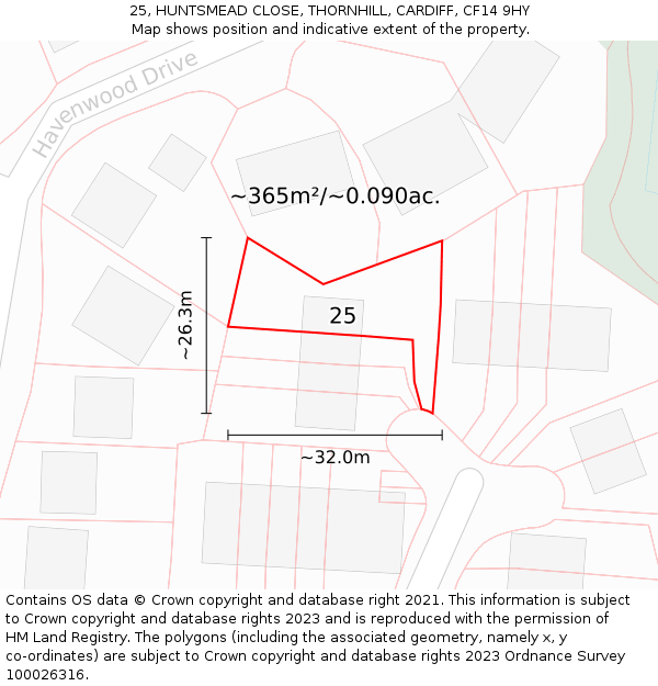 25, HUNTSMEAD CLOSE, THORNHILL, CARDIFF, CF14 9HY: Plot and title map