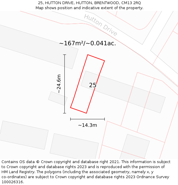 25, HUTTON DRIVE, HUTTON, BRENTWOOD, CM13 2RQ: Plot and title map