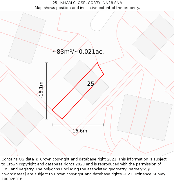 25, INHAM CLOSE, CORBY, NN18 8NA: Plot and title map