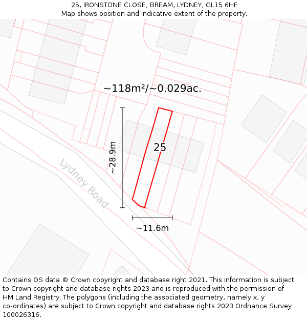 25, IRONSTONE CLOSE, BREAM, LYDNEY, GL15 6HF: Plot and title map