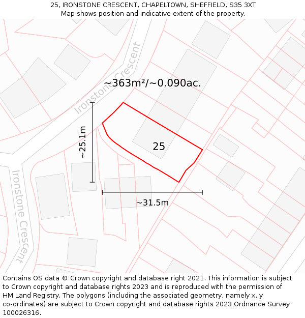 25, IRONSTONE CRESCENT, CHAPELTOWN, SHEFFIELD, S35 3XT: Plot and title map