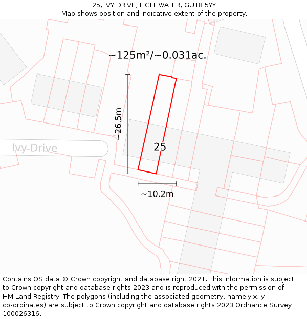 25, IVY DRIVE, LIGHTWATER, GU18 5YY: Plot and title map