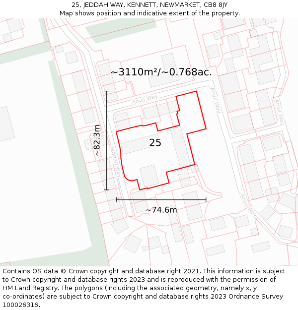 25, JEDDAH WAY, KENNETT, NEWMARKET, CB8 8JY: Plot and title map