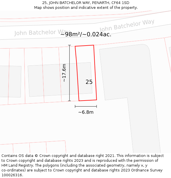 25, JOHN BATCHELOR WAY, PENARTH, CF64 1SD: Plot and title map