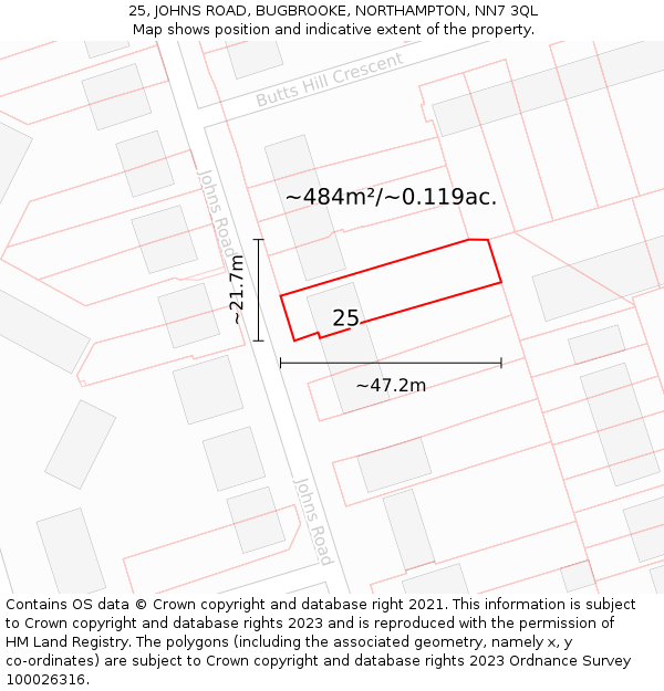 25, JOHNS ROAD, BUGBROOKE, NORTHAMPTON, NN7 3QL: Plot and title map