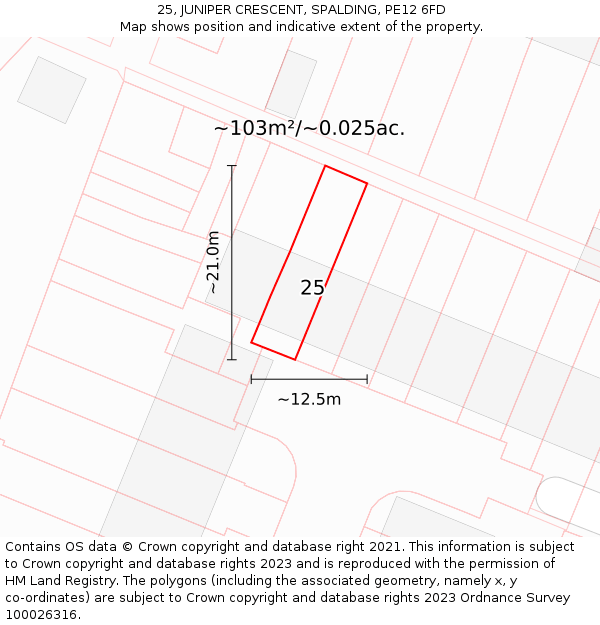 25, JUNIPER CRESCENT, SPALDING, PE12 6FD: Plot and title map