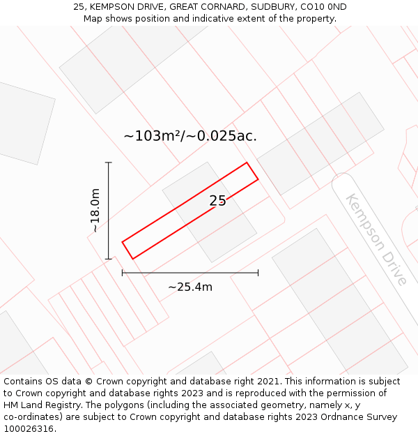 25, KEMPSON DRIVE, GREAT CORNARD, SUDBURY, CO10 0ND: Plot and title map