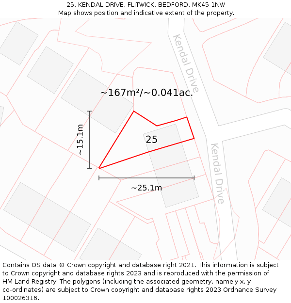 25, KENDAL DRIVE, FLITWICK, BEDFORD, MK45 1NW: Plot and title map