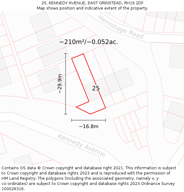 25, KENNEDY AVENUE, EAST GRINSTEAD, RH19 2DF: Plot and title map