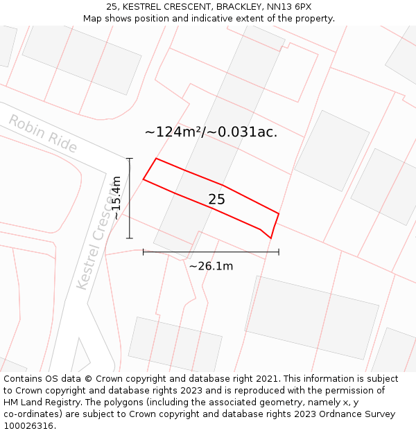 25, KESTREL CRESCENT, BRACKLEY, NN13 6PX: Plot and title map