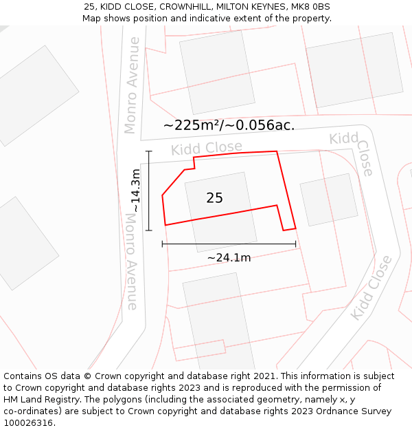 25, KIDD CLOSE, CROWNHILL, MILTON KEYNES, MK8 0BS: Plot and title map