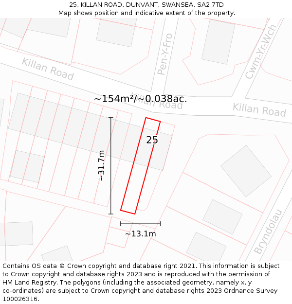 25, KILLAN ROAD, DUNVANT, SWANSEA, SA2 7TD: Plot and title map