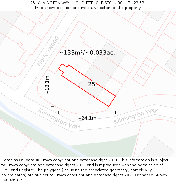 25, KILMINGTON WAY, HIGHCLIFFE, CHRISTCHURCH, BH23 5BL: Plot and title map