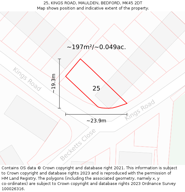 25, KINGS ROAD, MAULDEN, BEDFORD, MK45 2DT: Plot and title map