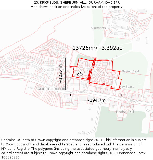25, KIRKFIELDS, SHERBURN HILL, DURHAM, DH6 1PR: Plot and title map