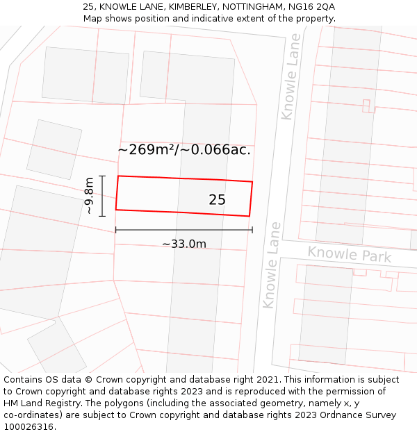 25, KNOWLE LANE, KIMBERLEY, NOTTINGHAM, NG16 2QA: Plot and title map