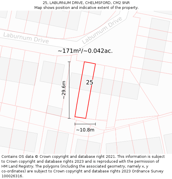 25, LABURNUM DRIVE, CHELMSFORD, CM2 9NR: Plot and title map
