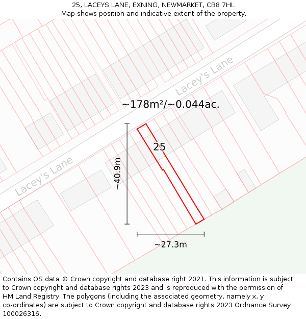 25, LACEYS LANE, EXNING, NEWMARKET, CB8 7HL: Plot and title map