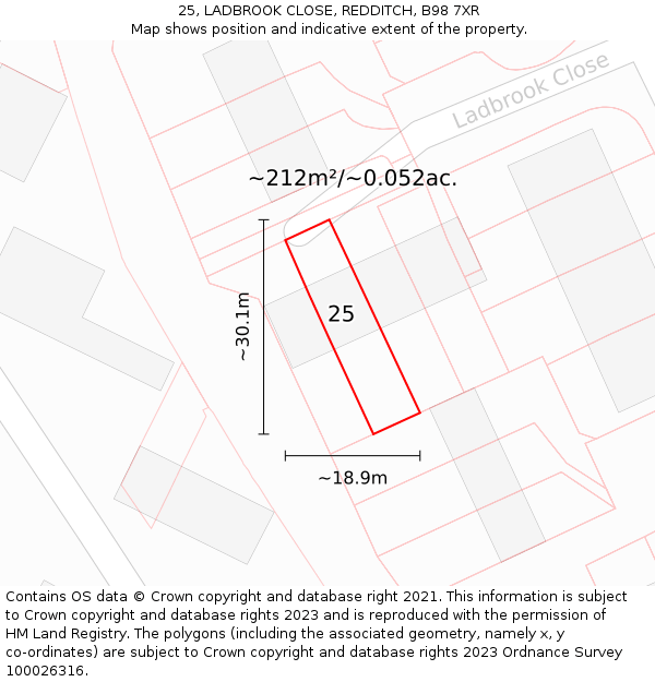 25, LADBROOK CLOSE, REDDITCH, B98 7XR: Plot and title map