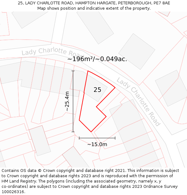 25, LADY CHARLOTTE ROAD, HAMPTON HARGATE, PETERBOROUGH, PE7 8AE: Plot and title map