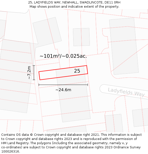 25, LADYFIELDS WAY, NEWHALL, SWADLINCOTE, DE11 0RH: Plot and title map