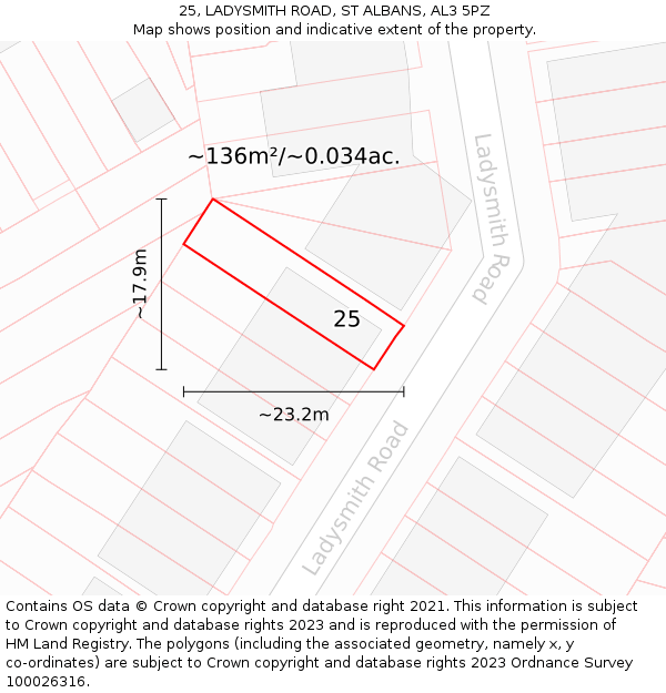 25, LADYSMITH ROAD, ST ALBANS, AL3 5PZ: Plot and title map