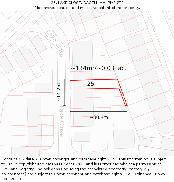 25, LAKE CLOSE, DAGENHAM, RM8 2TE: Plot and title map