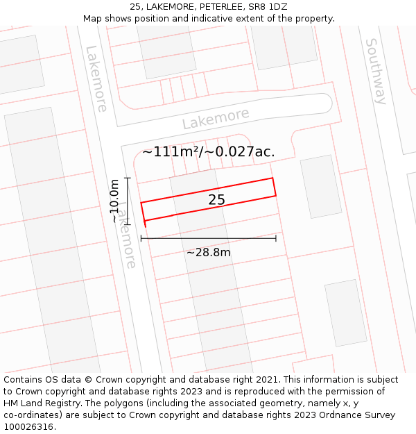 25, LAKEMORE, PETERLEE, SR8 1DZ: Plot and title map