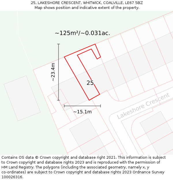 25, LAKESHORE CRESCENT, WHITWICK, COALVILLE, LE67 5BZ: Plot and title map
